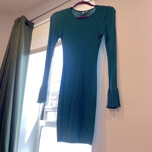 Green, long sleeved mini dress